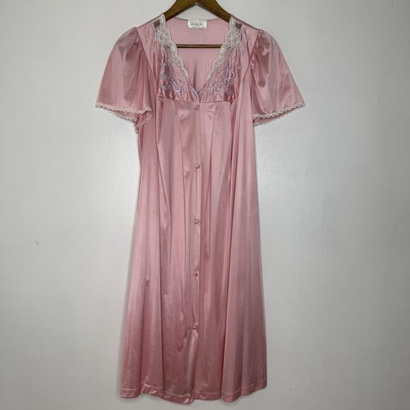 Vintage Vanity Fair Nightgown Womens Medium Pink Nylon Lace Embroidered USA 80s - Picture 1 of 6
